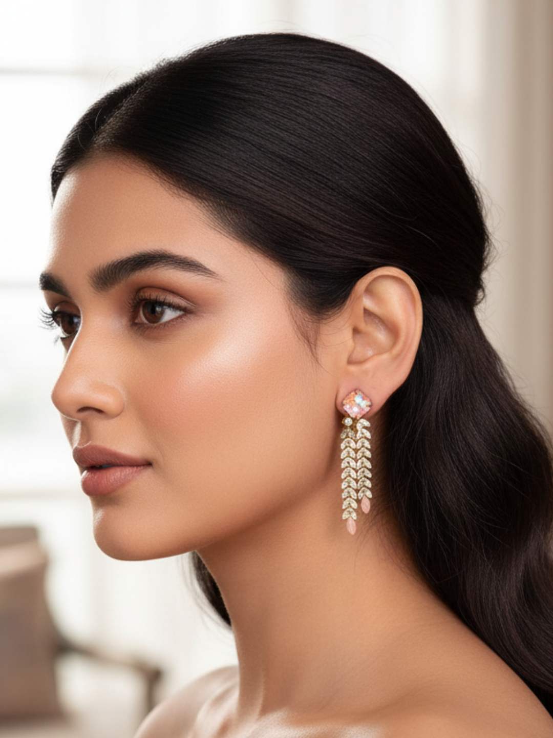 Ishhaara Crystal Double Trail Earrings Pink
