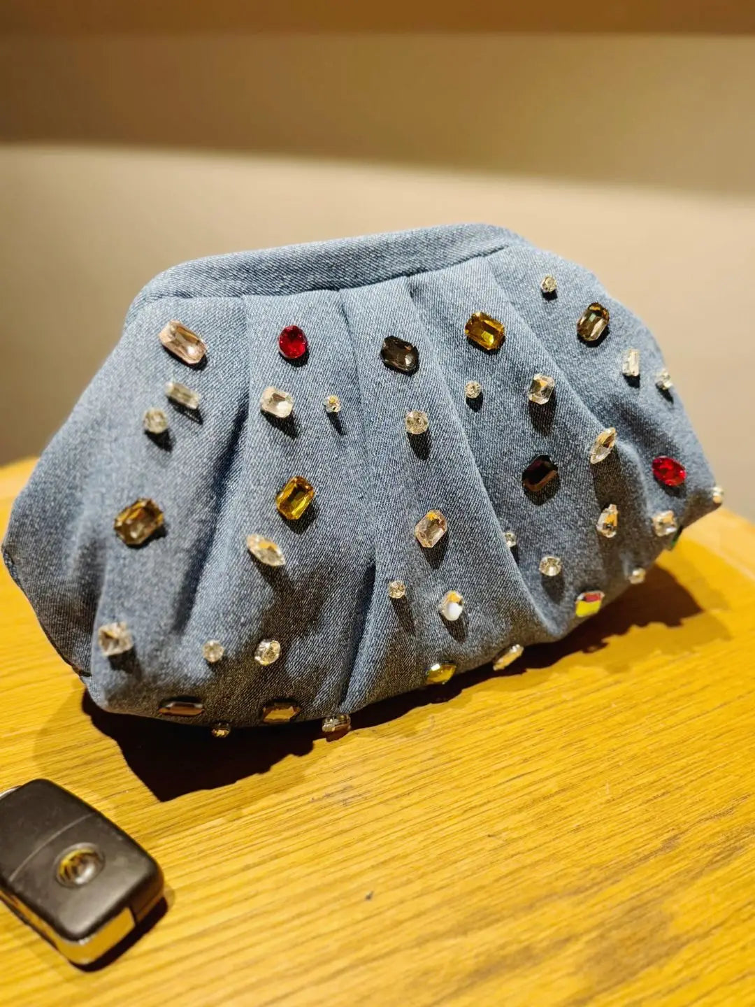 Ishhaara Crystal Rhinestone Multicolor Stone Emblished Denim Bag