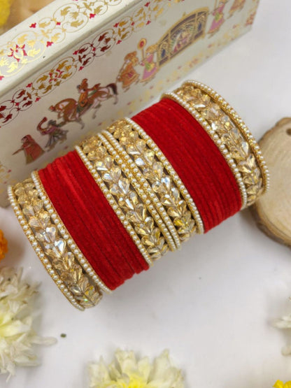 Ishhaara Crystal Stone And Pearl Velvet Bangles Set