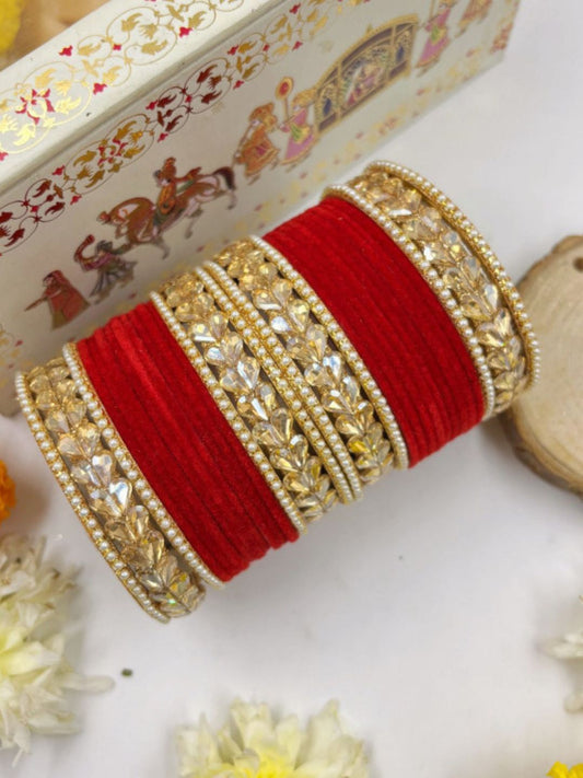 Ishhaara Crystal Stone And Pearl Velvet Bangles Set