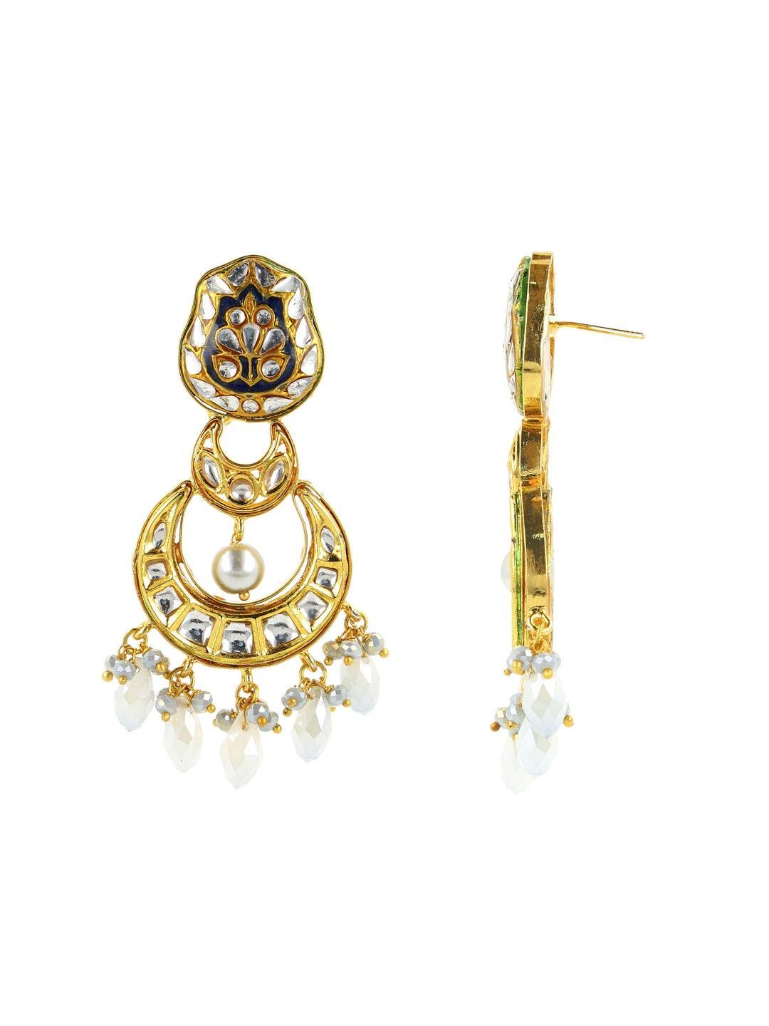 Ishhaara Crystal White Kundan Chand Dangler Earring Blue