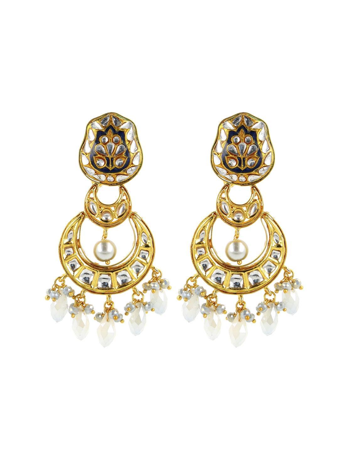 Ishhaara Crystal White Kundan Chand Dangler Earring Blue