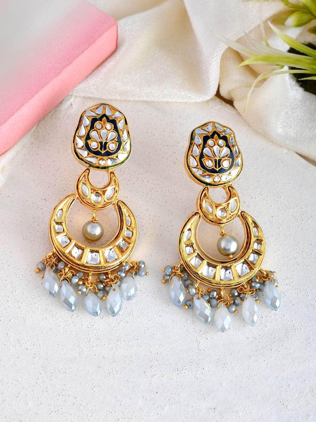 Ishhaara Crystal White Kundan Chand Dangler Earring Blue