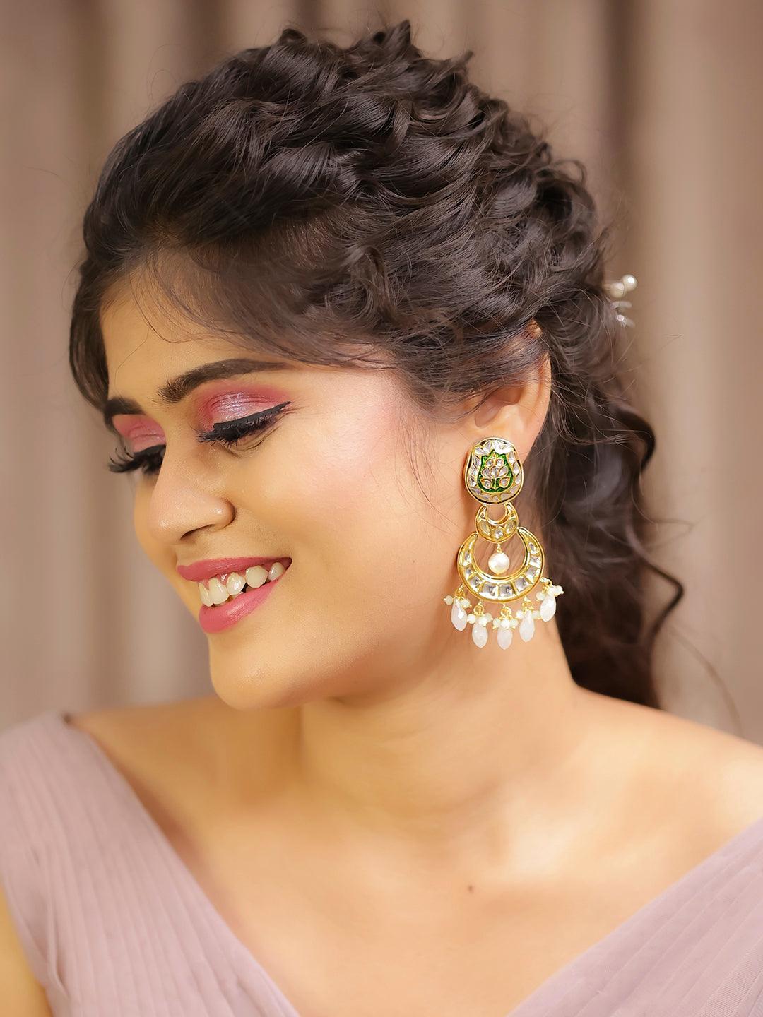 Ishhaara Crystal White Kundan Chand Dangler Earring Green