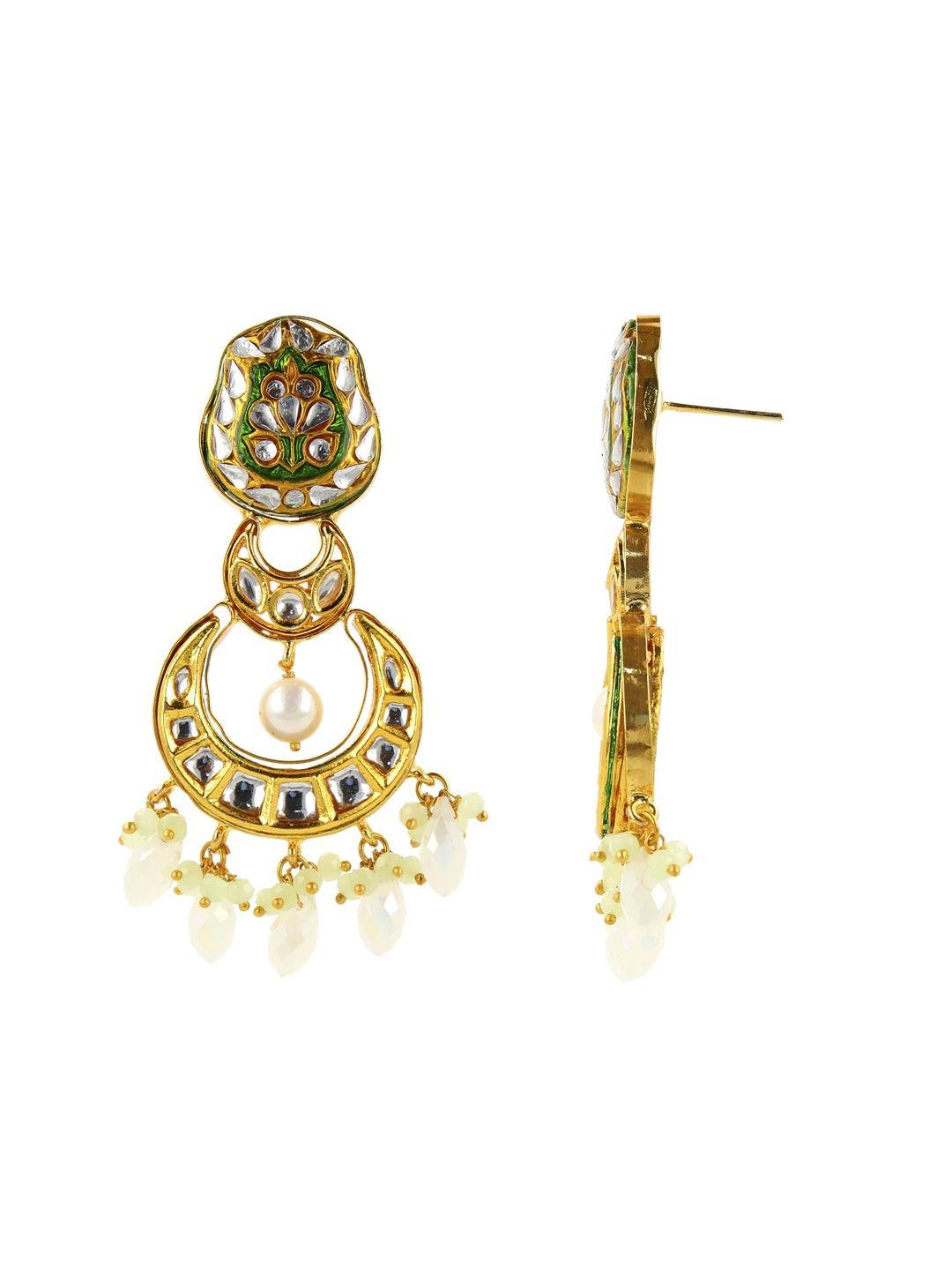 Ishhaara Crystal White Kundan Chand Dangler Earring Green