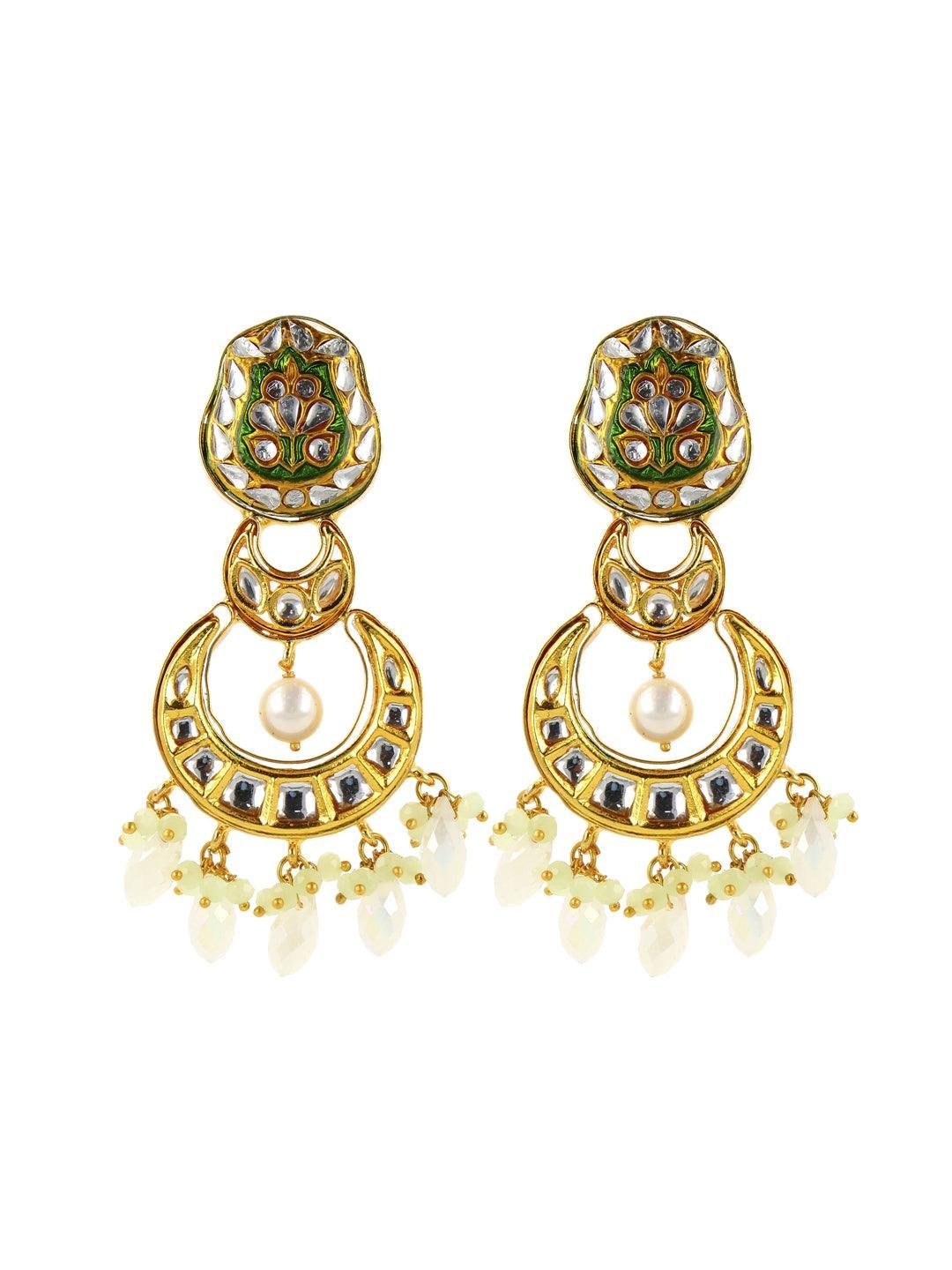 Ishhaara Crystal White Kundan Chand Dangler Earring Green