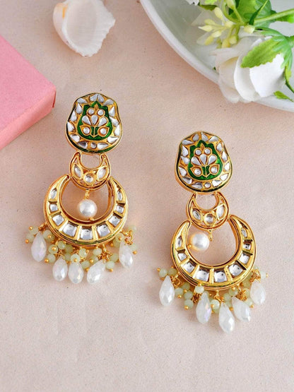 Ishhaara Crystal White Kundan Chand Dangler Earring Green
