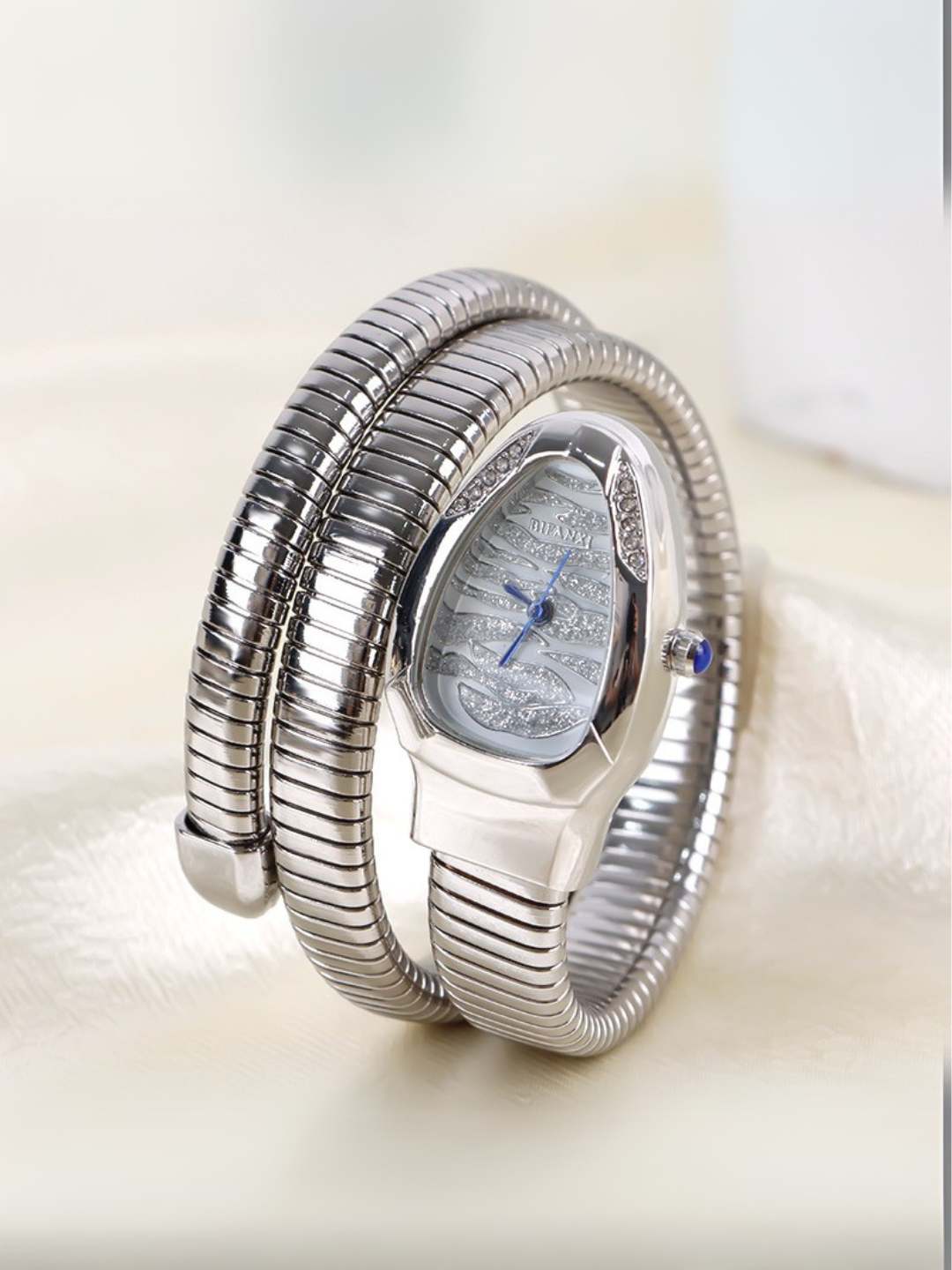 Ishhaara Cubic Zirconia White Blue Stripe Dial Silver Stainless Steel Snake Stretchable Watch Bracelet