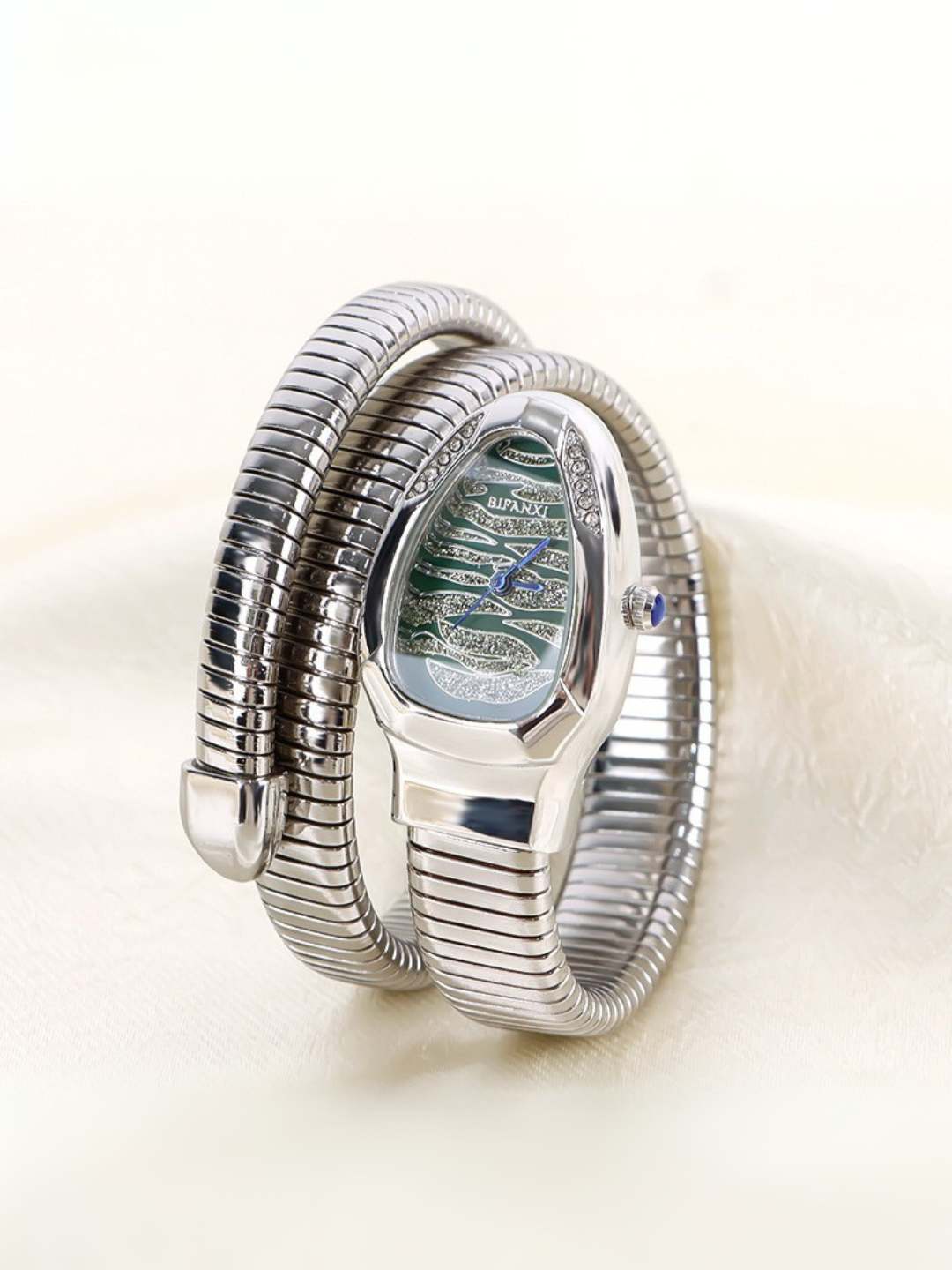 Ishhaara Cubic Zirconia White Green Stripe Dial Silver Stainless Steel Snake Stretchable Watch Bracelet