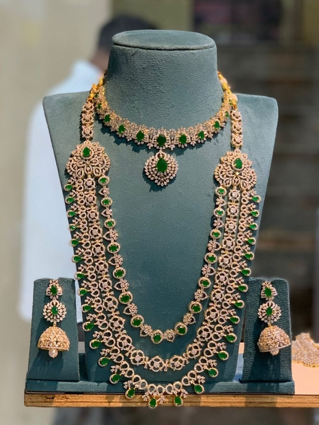 Ishhaara Emerald Kundan Temple Long Necklace Set — handcrafted Indian jewellery