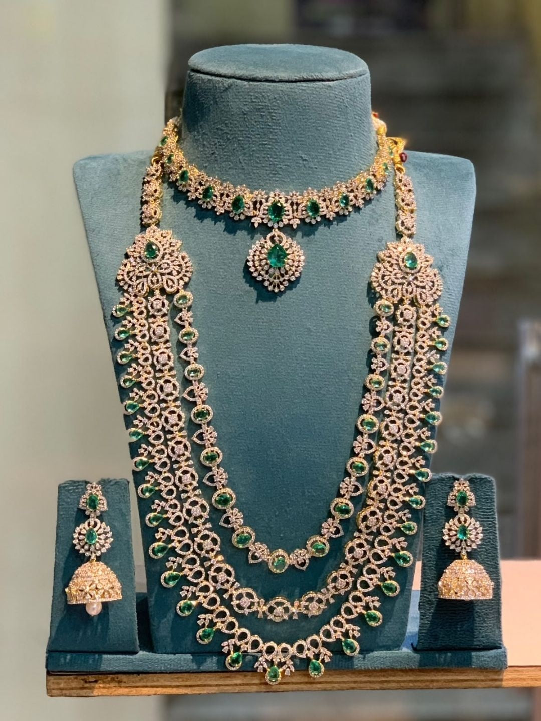 Ishhaara Emerald Kundan Temple Long Necklace Set — handcrafted Indian jewellery - view 2