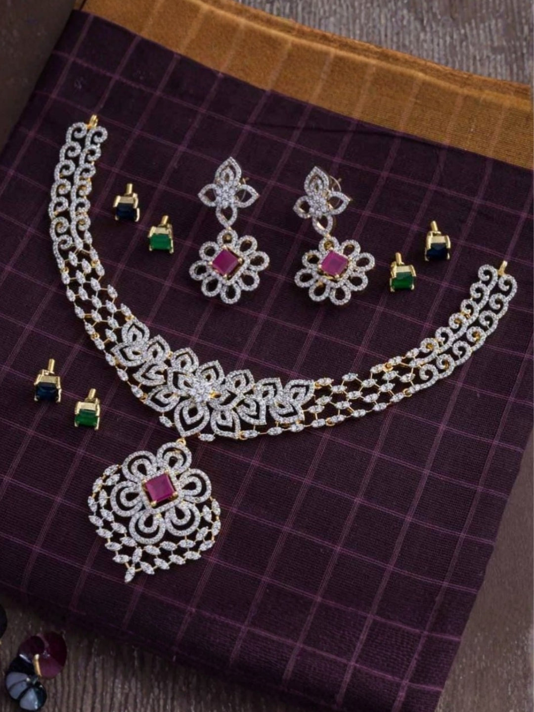 Ishhaara Cz Stone Necklace With Changeable Stones