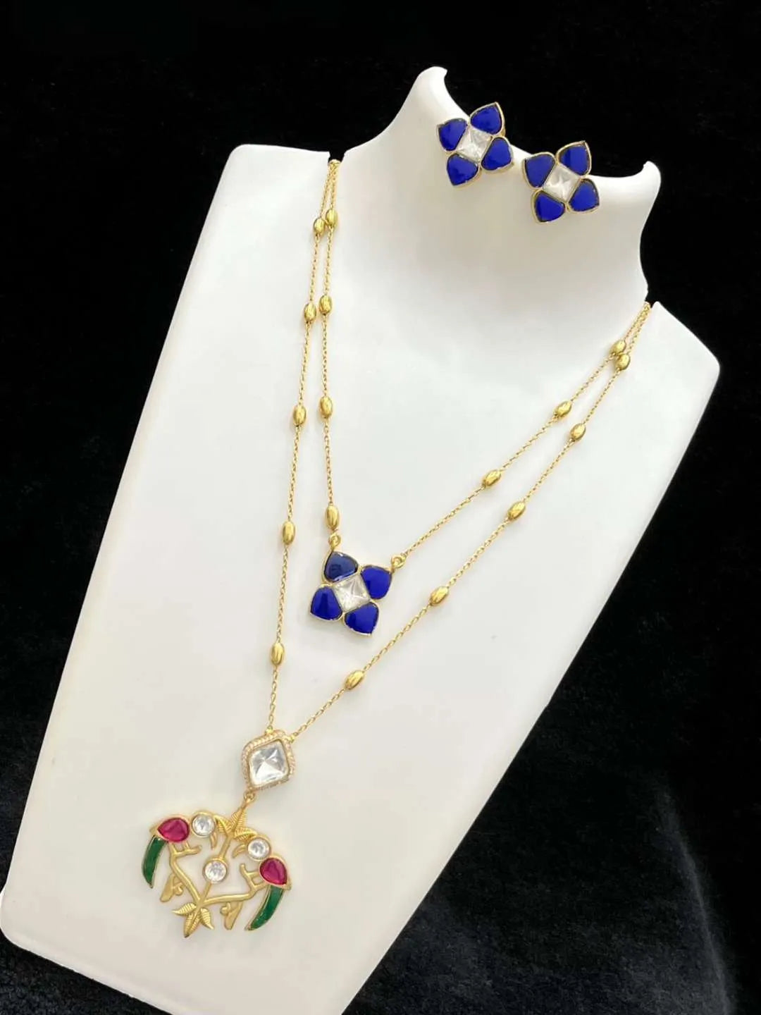 Ishhaara Dark Blue Bird Jadau Layer Necklace With Earrings