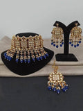 Ishhaara Dark Blue Bridal Square Kundan Choker Earring And Teeka Set