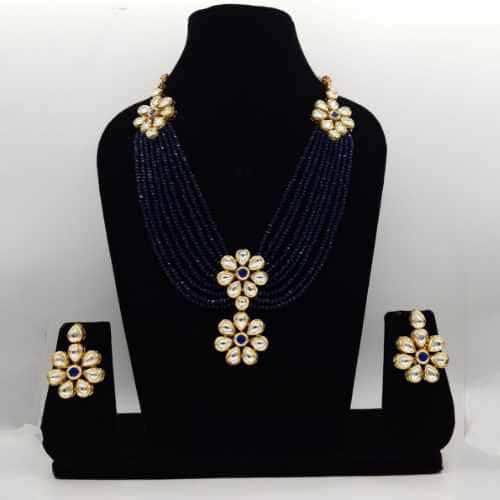 Ishhaara Dark Blue Double Flower Motif Onex Necklace Set
