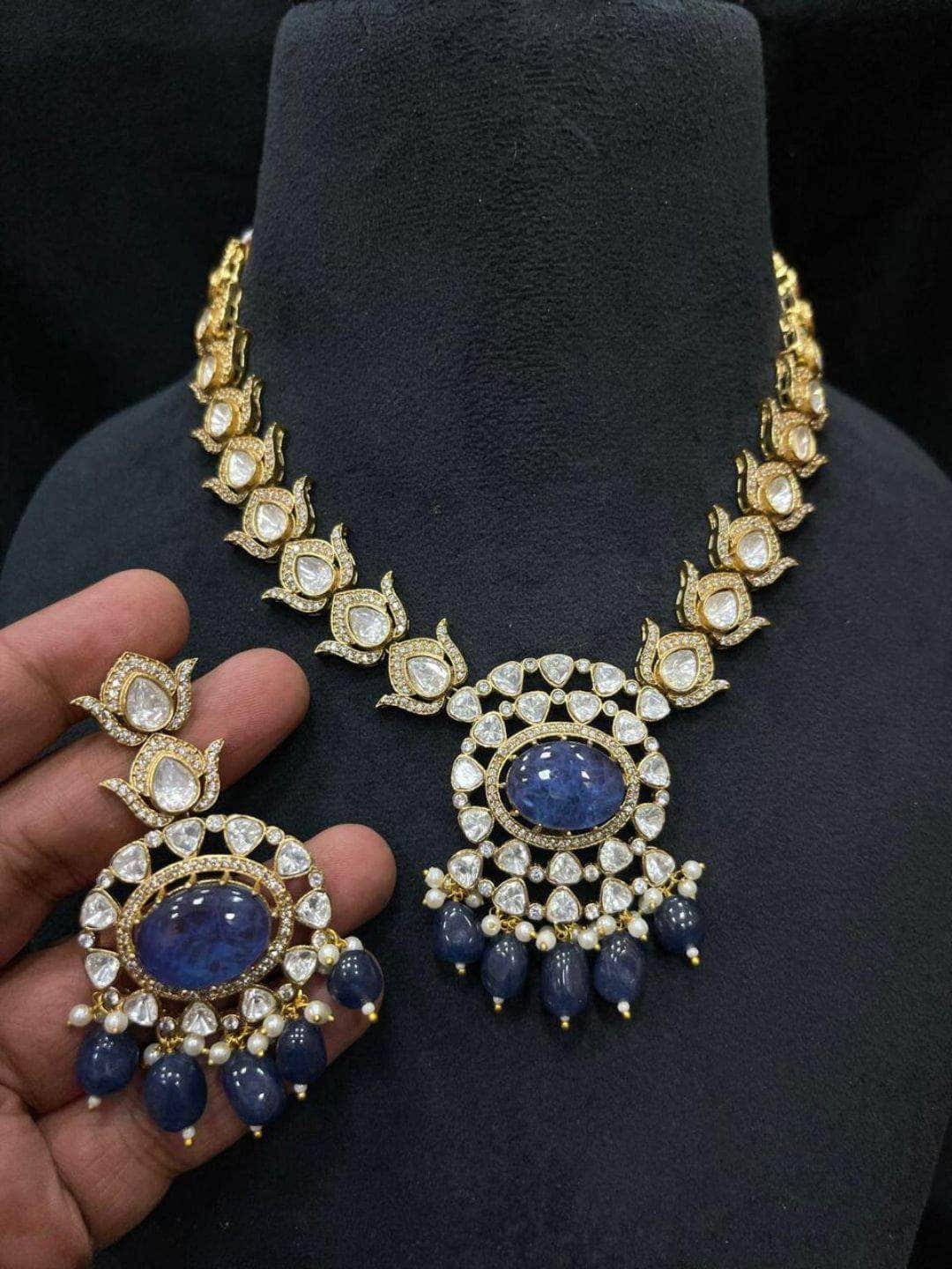 Ishhaara Dark Blue Doublet Stone Uncut Polki Necklace Set