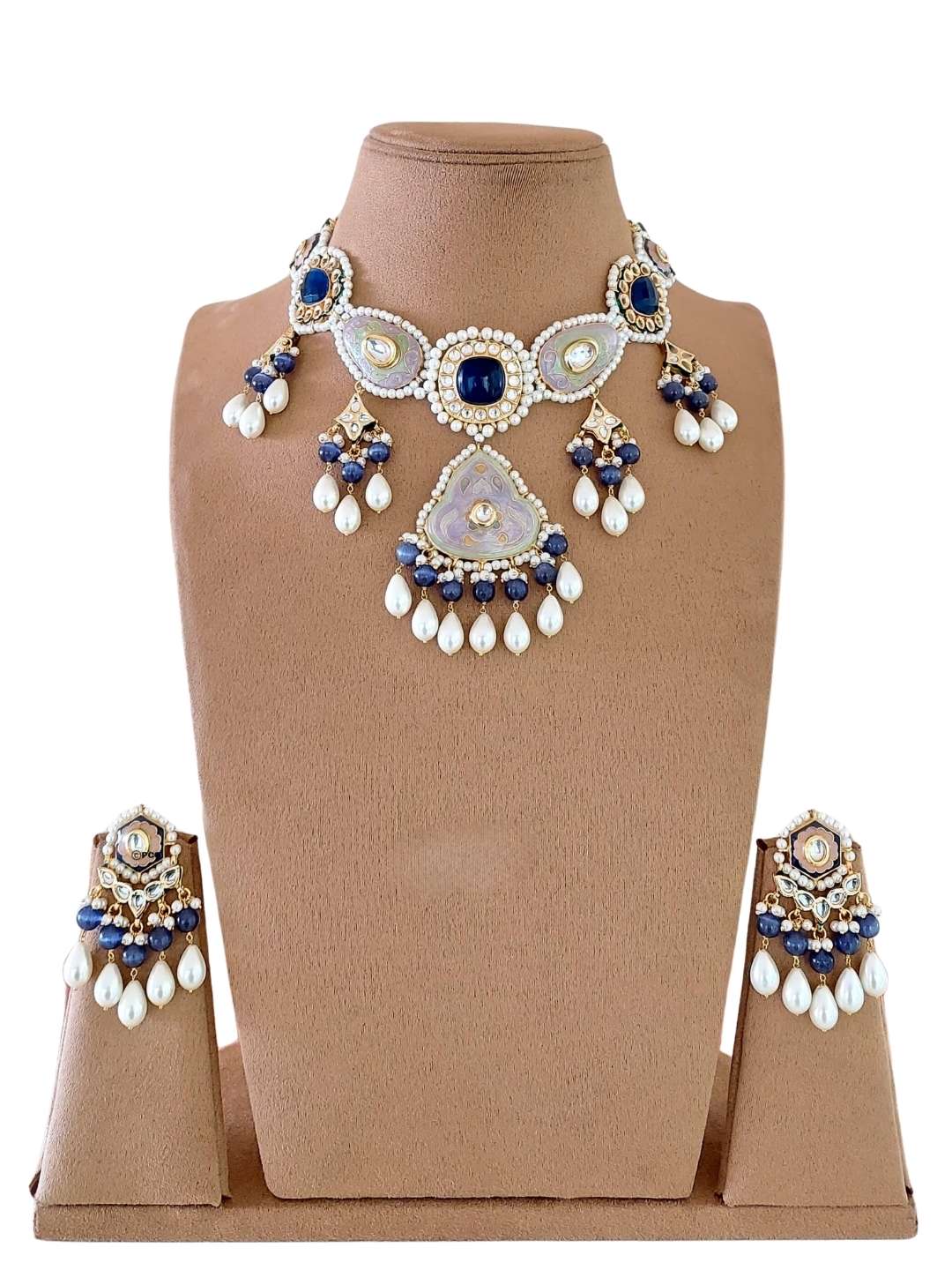 Ishhaara Blue Gold Finish Pearl Necklace Set With Kundan Polki