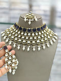 Ishhaara Dark Blue Gold Plated Polki Kundan Stone And Pearl Choker Necklace Set