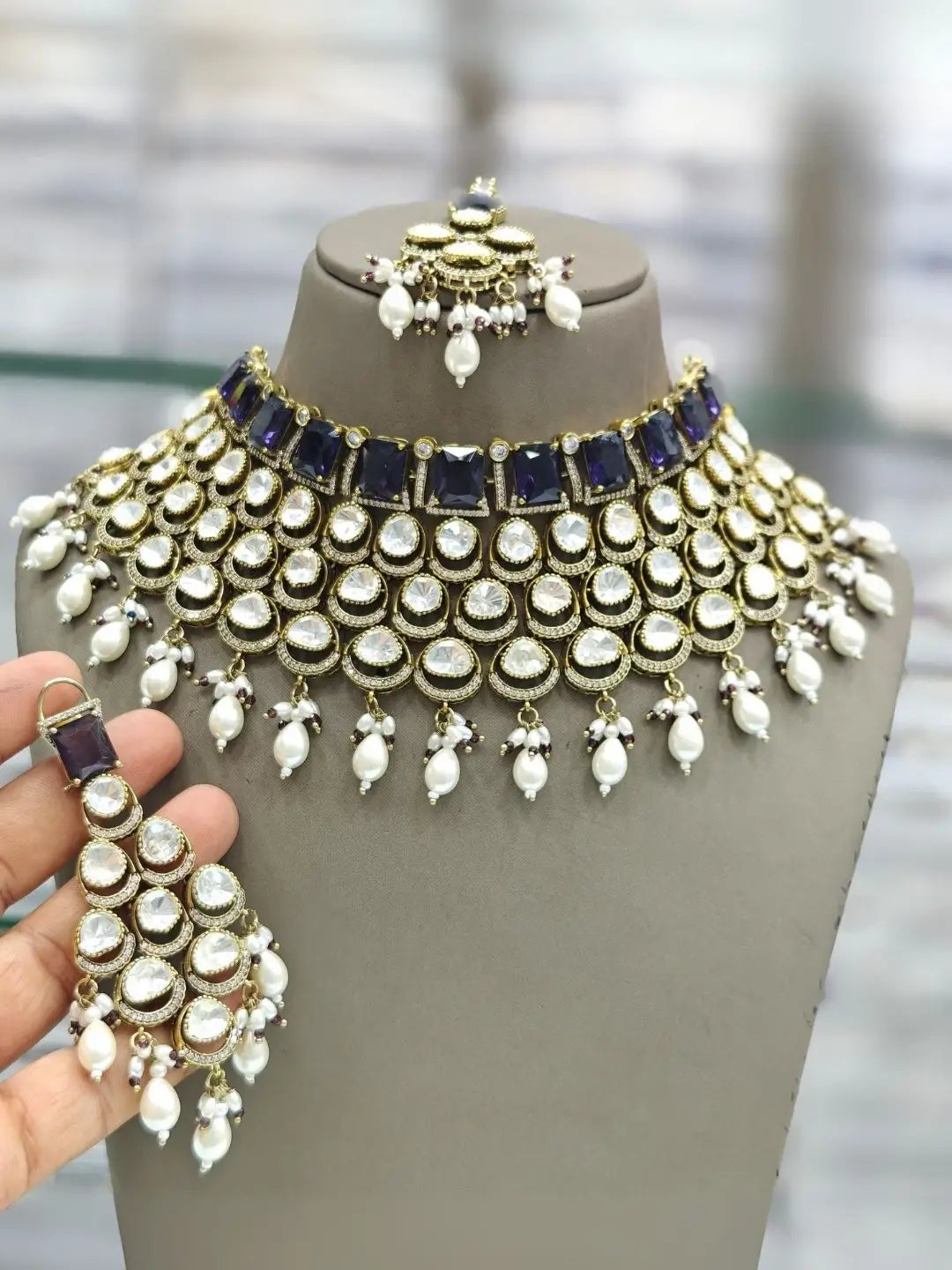 Ishhaara Dark Blue Gold Plated Polki Kundan Stone And Pearl Choker Necklace Set