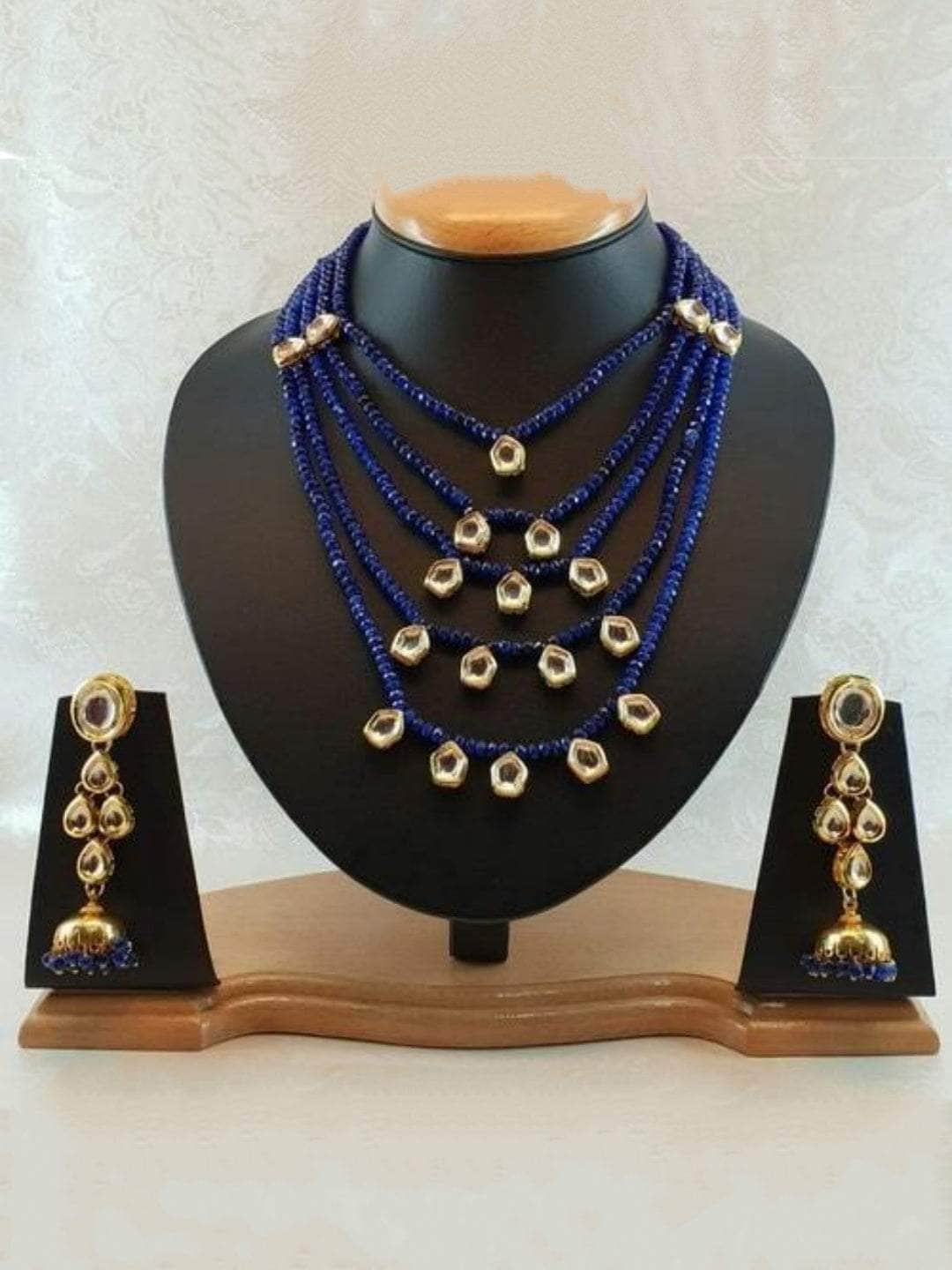 Ishhaara Dark Blue Layered Beaded Necklace Kundan Hanging