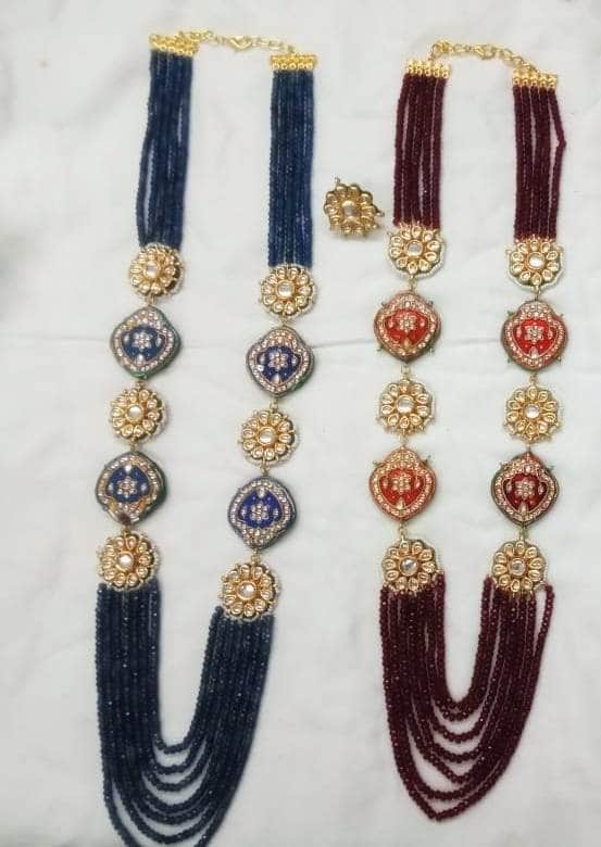Ishhaara Dark Blue Meena Kundan Side Pendant Layered Necklace