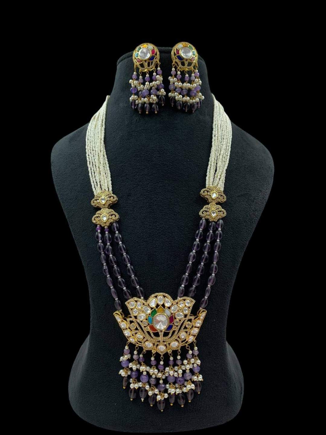 Ishhaara Dark Blue Multi Strand Kundan Raani Haar Necklace