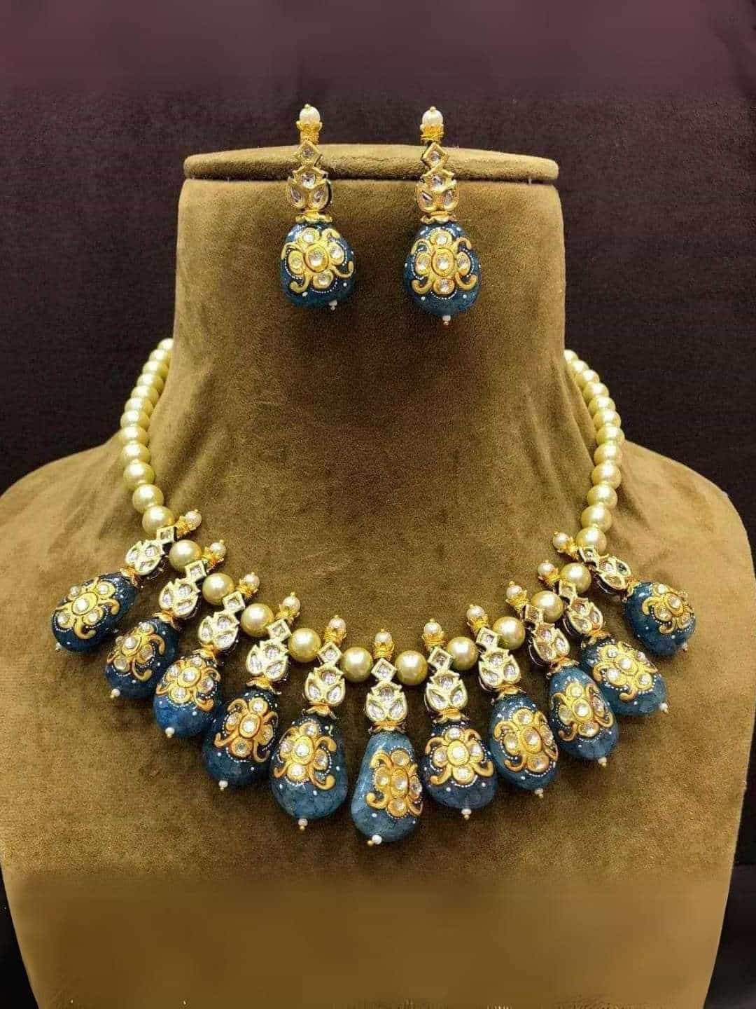 Ishhaara Dark Blue Pearl Split Multi Stone Necklace