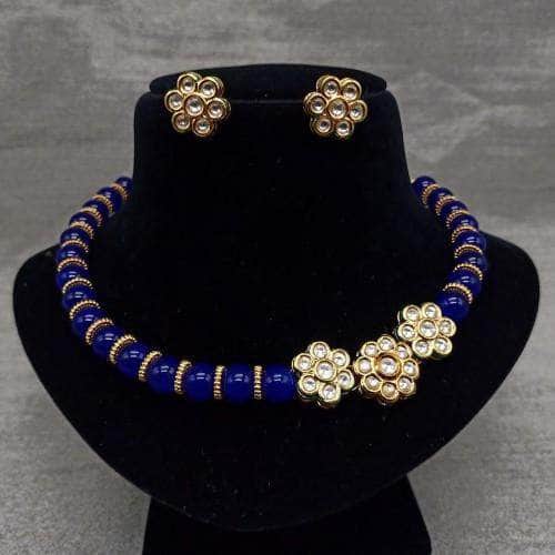 Ishhaara Dark Blue Pearls Kundan Necklace Set