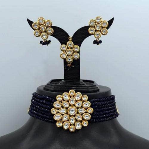Ishhaara Dark Blue Round Kundan Patch Choker Necklace Set