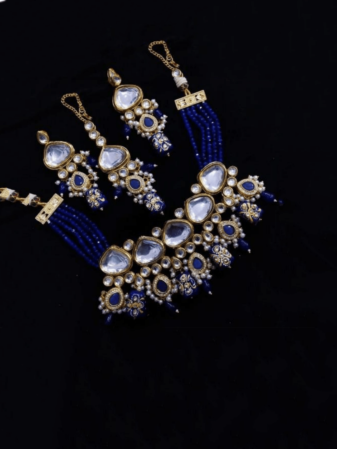 Ishhaara Dark Blue Triangular Kundan Onex Necklace And Earring Set