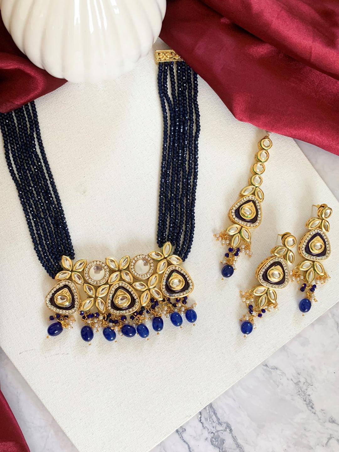 Ishhaara Dark Blue Triangular Meenakundan Necklace Earring And Teeka Set