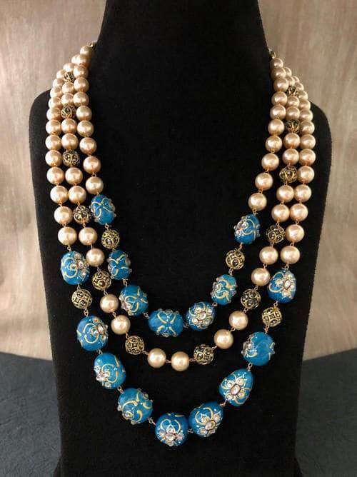 Ishhaara Dark Blue Triple Layered Pearl Precious Stone Necklace