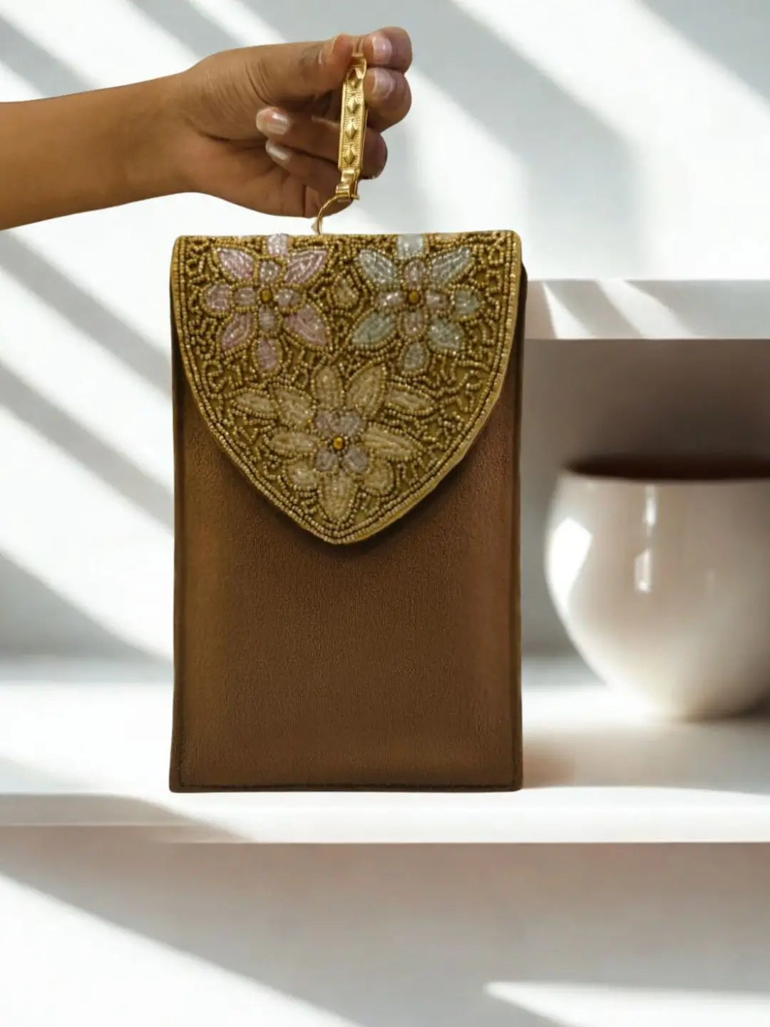 Ishhaara Dark Brown Velvet Majesty Phone Clutch Bag