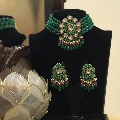 Ishhaara Dark Green Aayushi in Drop Stone Multi Bead Choker Necklace Set