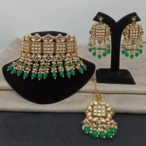 Ishhaara Dark Green Bridal Square Kundan Choker Earring And Teeka Set