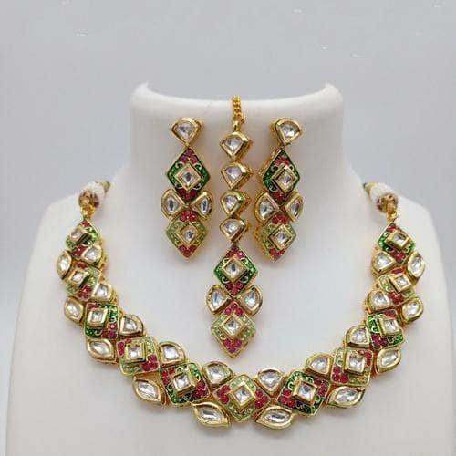 Ishhaara Dark Green Diamond Cut Meena Necklace Set