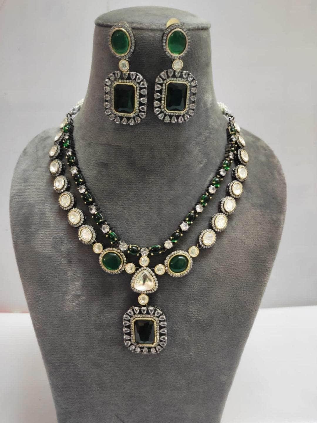 Ishhaara Dark Green Double Layered Kundan Polki Necklace