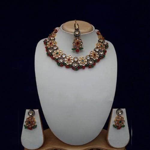 Ishhaara Drop Flower Dual Tonned Necklace Earring And Teeka Set