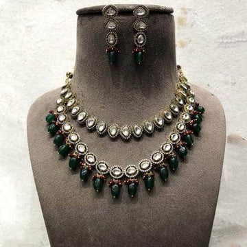 Ishhaara Dark Green Dual Layered AD Victorian Necklace Set