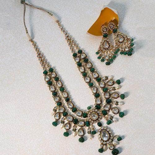 Ishhaara Dark Green Emerald Polki Necklace And Earring Set