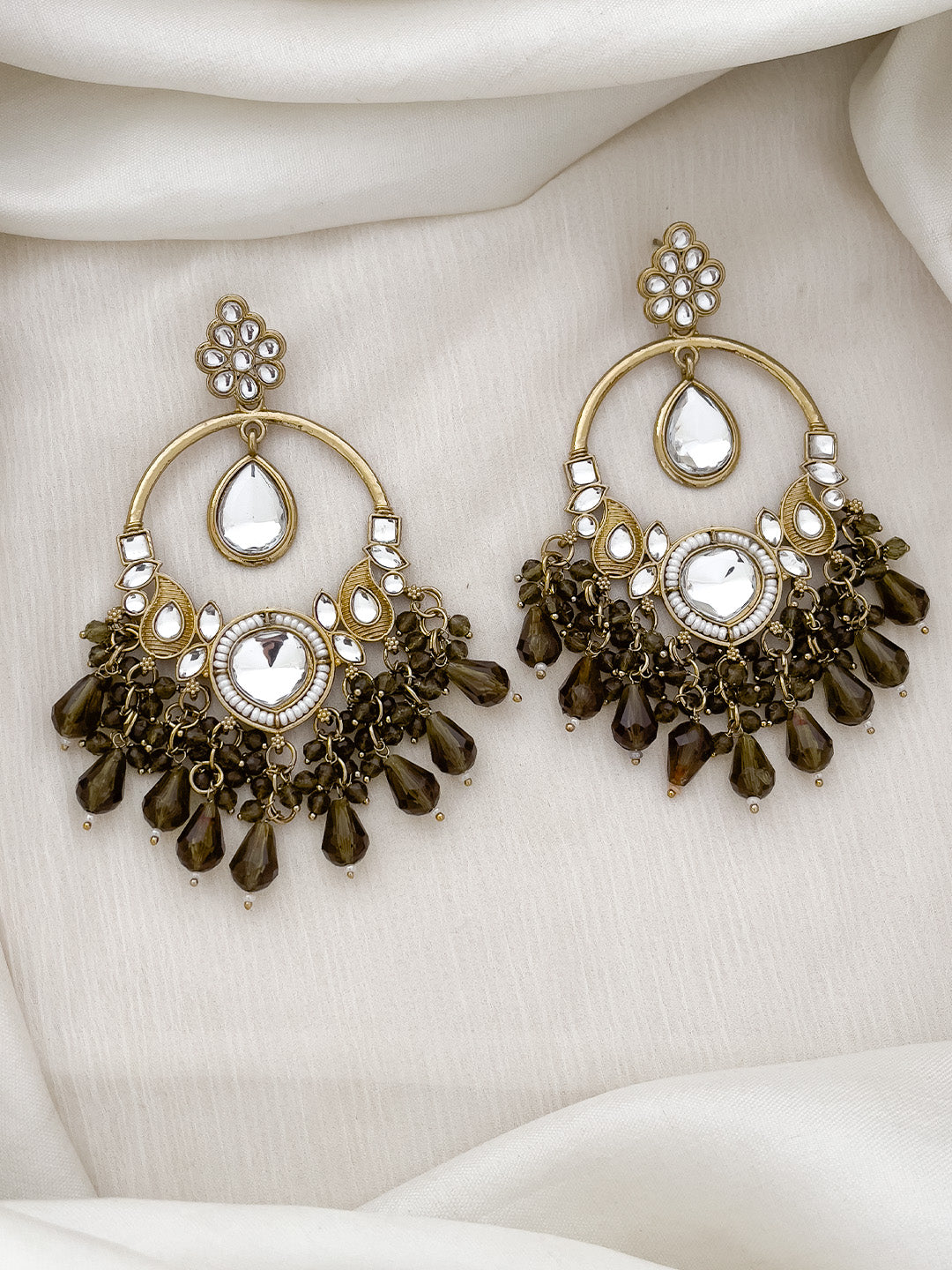 Ishhaara Dark Green Gold Plated Kundan Statement Earrings