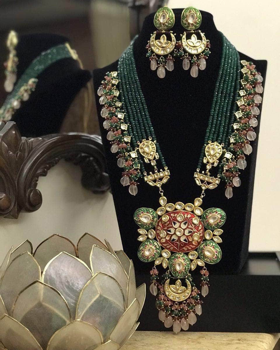 Ishhaara Dark Green Handpainted Kundan Pendant Necklace