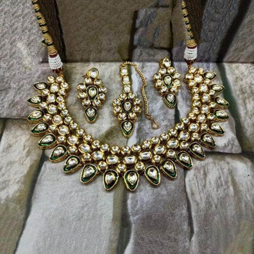 Ishhaara Dark Green Inverted Drop Meena Outline Necklace And Earring Set