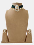 Ishhaara Dark Green Kundan And Pearls Flowers Choker Necklace