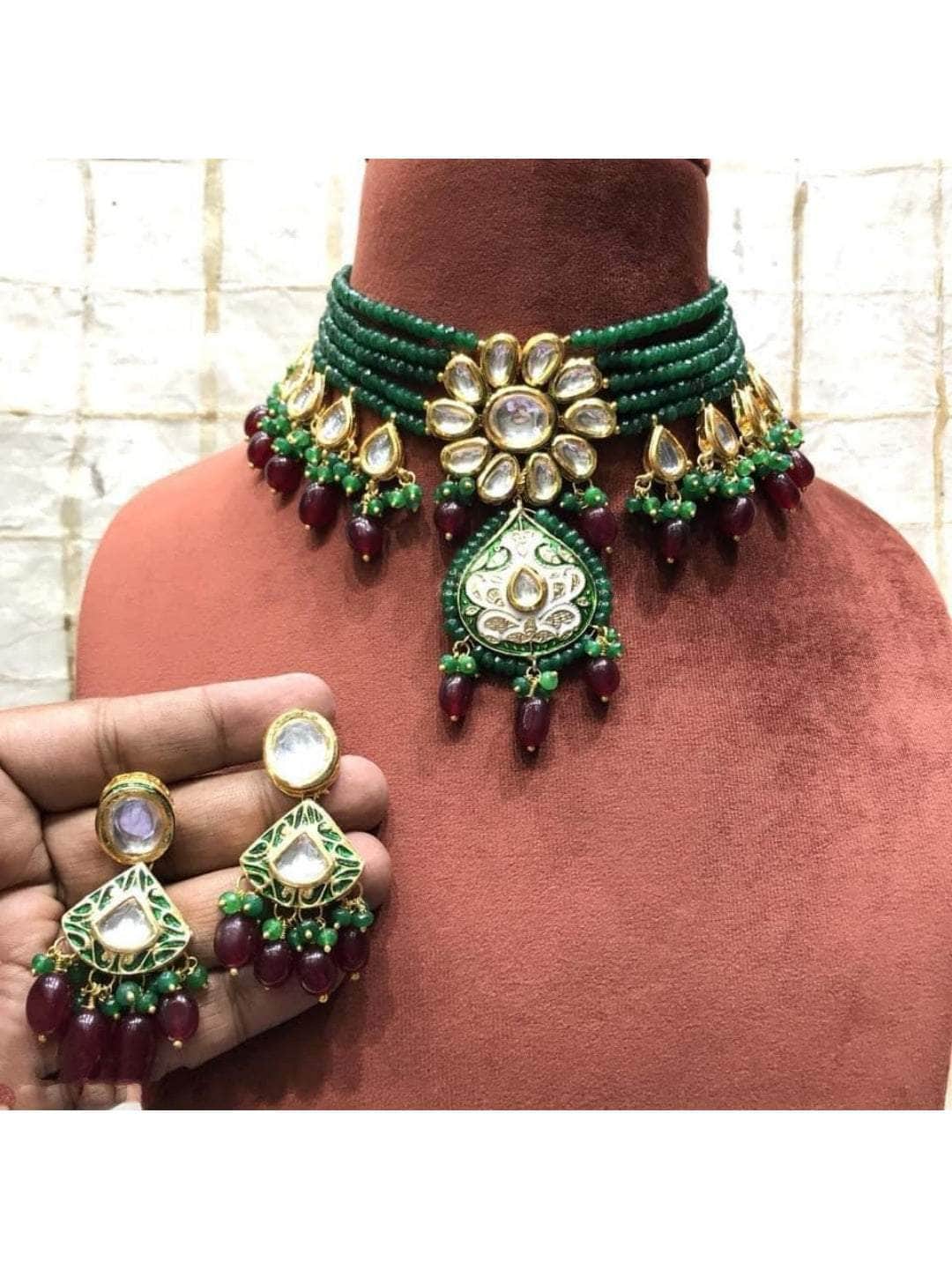 Ishhaara Dark Green Kundan Patch Choker With Handpainted Pendant