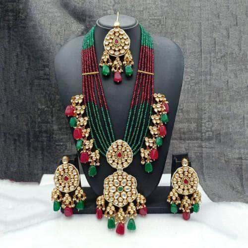 Ishhaara Dark Green Long Dual Pendant Necklace Earring And Teeka Set