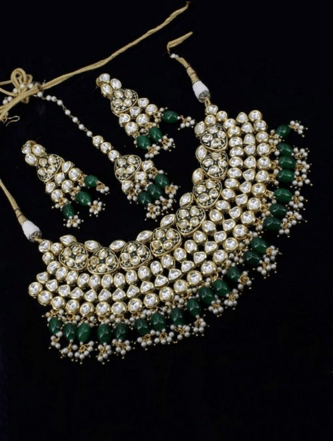 Ishhaara Dark Green Meena Kundan Necklace Set With Teeka