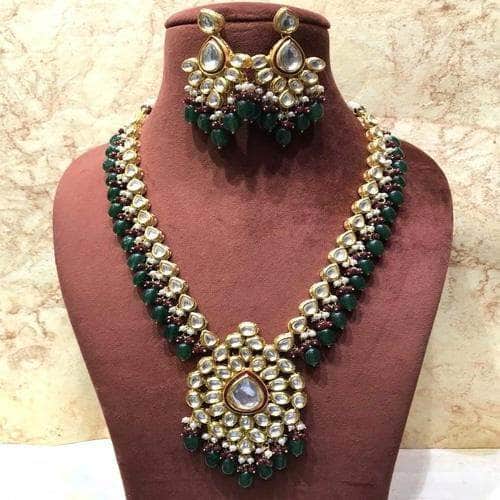 Ishhaara Dark Green Meena Kundan Pendant Necklace