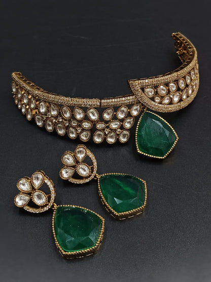 Ishhaara Dark Green Moissanate Polki Kundan Victorian Finish Choker Necklace