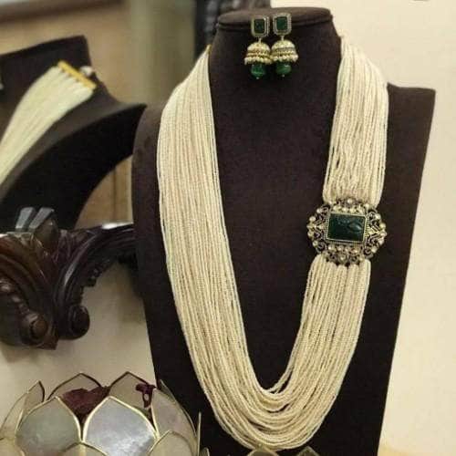 Ishhaara Dark Green Multi Layered Pearl Side Patch Necklace Set